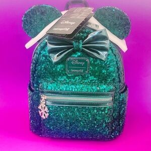 Loungefly X Minnie Mouse Emerald Sequin Mini Backpack LE 600 US! RARE